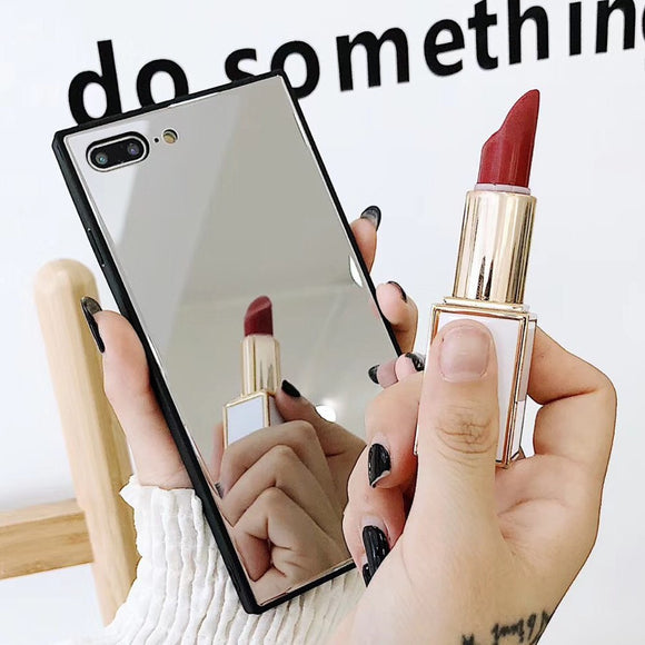 LOVECOM Girl Makeup Mirror TPU Side+PC Back Cover+Tempered Glass Square Phone Case For iphone 6 6S 7 8 Plus XS X XS MAX XR